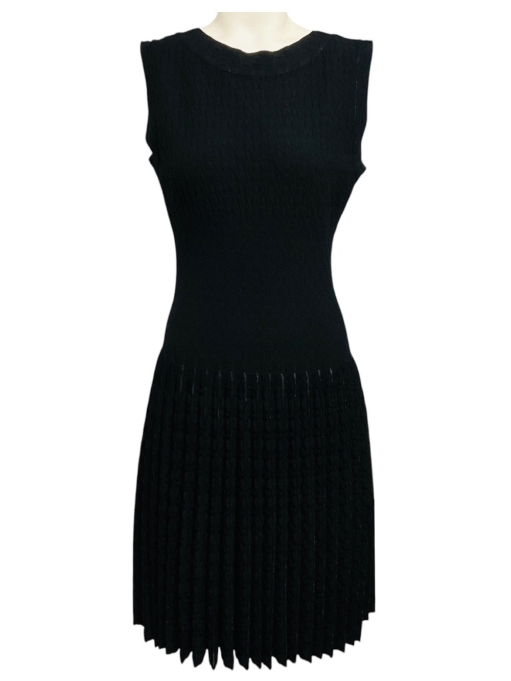 ALAIA BLACK SLEEVELESS PLEATED SHIMMER KNIT FLARED DRESS